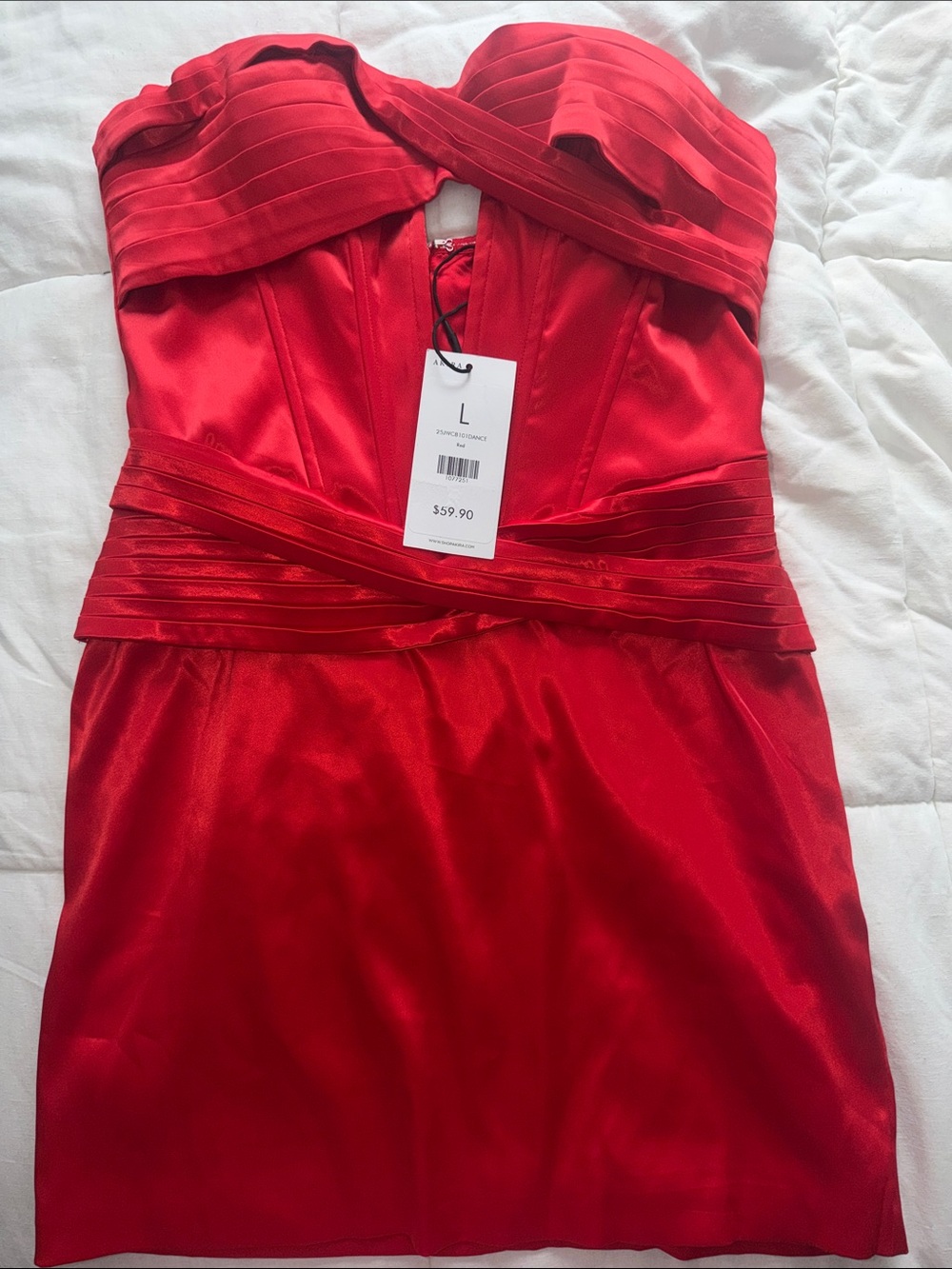 AKIRA Strapless Red Satin Pleated Cocktail Dress NWT